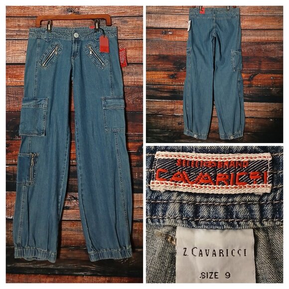 NWT Z Cavaricci Jeans Size 9 Rare Vintage 90s Cargo Jogger Mid Rise Blue Denim - Picture 1 of 10